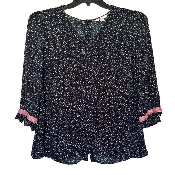 BODEN women's size 4 blue ditzy floral velvet cuff ruffle 3/4 sleeves blouse top - Picture 1 of 14